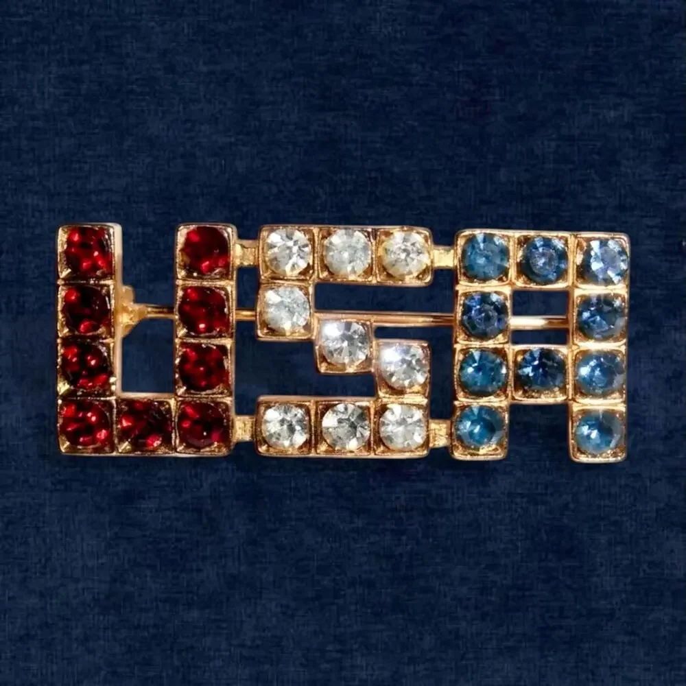 1970s Polcini USA Rhinestone Brooch, Red White Blue Bicentennial Jewelry